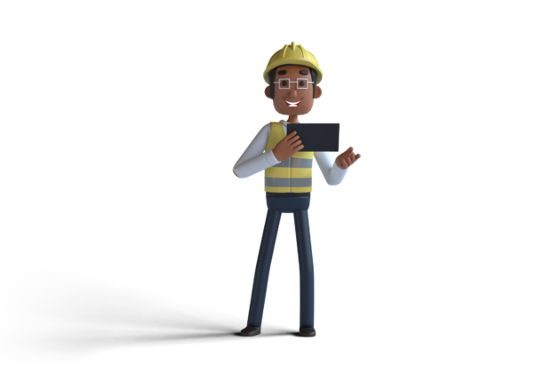 Animated figure of construction man holding iPad