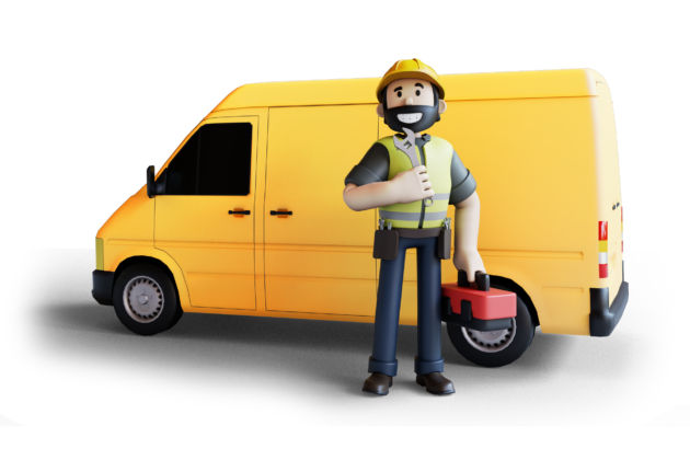 Illustration of Construction worker standing next to a work van holding a tool box