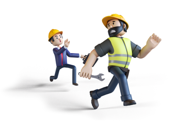 Image of illustrated figure with a briefcase chasing a construction worker