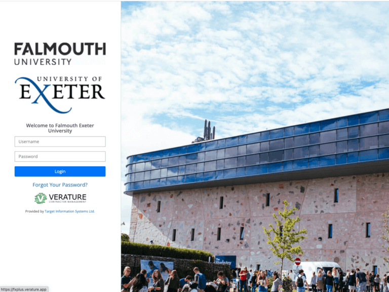 Image of Falmouth University logo, a photo of the building and a login screen
