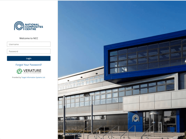 Image of National Composites Centre logo, photo of NCC building and a login screen