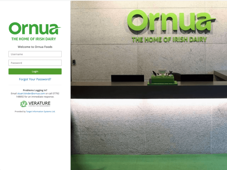 Image of Ornua Foods reception desk and a login screen