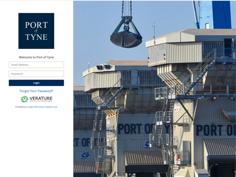 Image of Port of Tyne logo and building with login screen