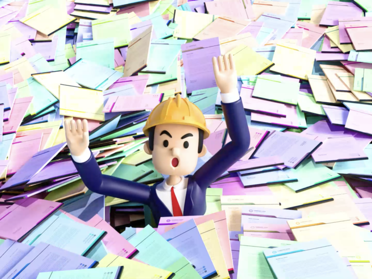 Image of animated person wearing construction hat drowning if paperwork