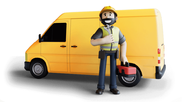 Illustration of Construction worker standing next to a work van holding a tool box